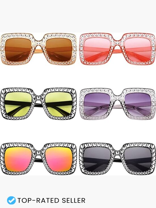 6 Pairs Oversized Square Rhinestone Sunglasses Disco Party Photo Props Retro main image 5
